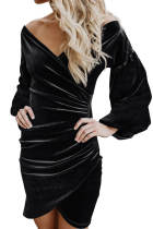Black Puff Sleeve Off Shoulder Wrap Bodycon Velvet Dress
