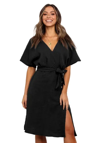 Black Casual Kimono Style Midi Dress