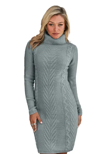 Gray Hand Knitted High Neck Sweater Dress