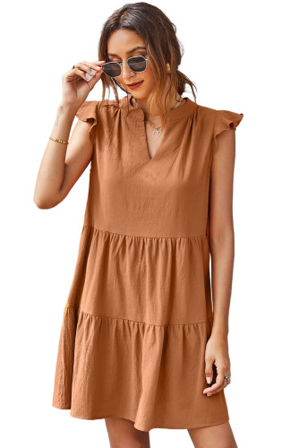 Brown Short Ruffled Sleeve V Neck Tiered Gathered Dress