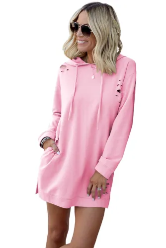 Pink Distressed Cotton Hooded Dress