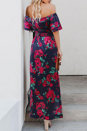 Off Shoulder Short Sleeve High Slit Floral Long Dress