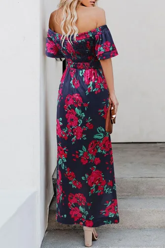 Off Shoulder Short Sleeve High Slit Floral Long Dress