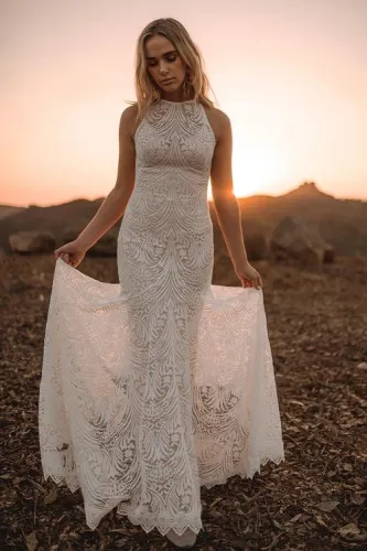 White Sleeveless Lace Backless Phoenix Wedding Day Party Gown