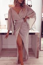 Glitter Plunge Long Sleeve Slit Dress