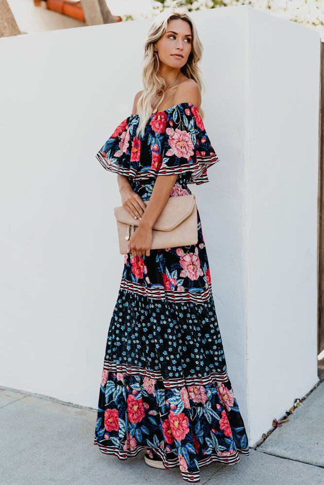Off-the-shoulder Printed Bohemia Maxi Dress