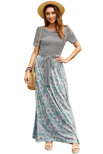 Green Floral Print Striped Belt Pockets Maxi Dress