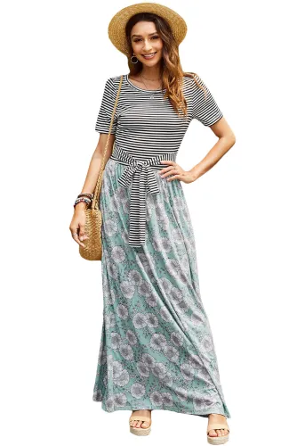 Green Floral Print Striped Belt Pockets Maxi Dress