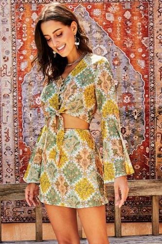 Yellow Retro Bell Sleeve Front Knot 2 Pcs Dress