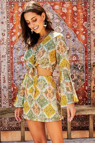 Yellow Retro Bell Sleeve Front Knot 2 Pcs Dress