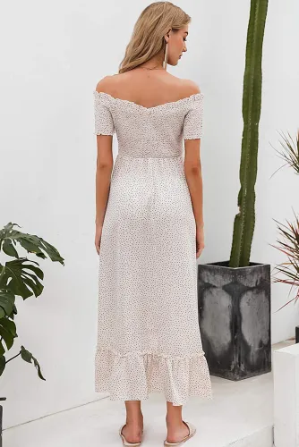 White Polka Dot Off Shoulder Split Maxi Dress
