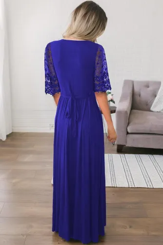 Blue Floral Lace Half Sleeve Wrap V Neck Party Long Maxi Dress