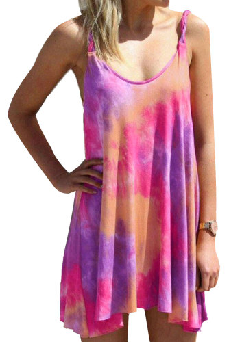 U Neck Gradient Color Printed Sling Sleeveless Swing Mini Dress