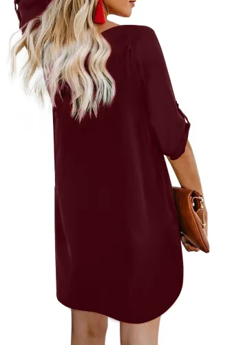Wine V Neck Button Front Roll up Tab Sleeve Dress