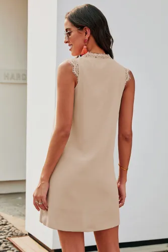 Apricot Eyelash V Neck Sleeveless Shift Mini Dress
