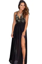 Black Embroidered Top Maxi Dress with Criss Cross Back