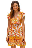 Orange Deep V High Waist Tie Short Ruffle Sleeve Mini Dress