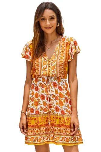 Orange Deep V High Waist Tie Short Ruffle Sleeve Mini Dress