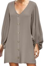 Apricot Buttoned-down V Neck Billowy Sleeve Shift Dress