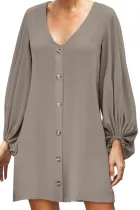 Apricot Buttoned-down V Neck Billowy Sleeve Shift Dress