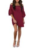 Red Off Shoulder Ruffled Sleeve Shift Dress