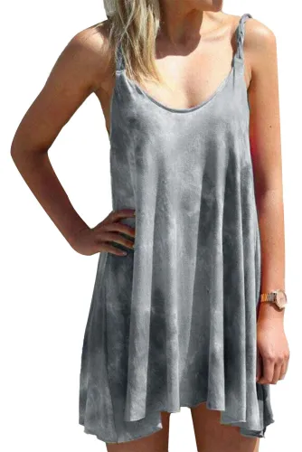 Gray U Neck Gradient Color Printed Sling Sleeveless Swing Mini Dress