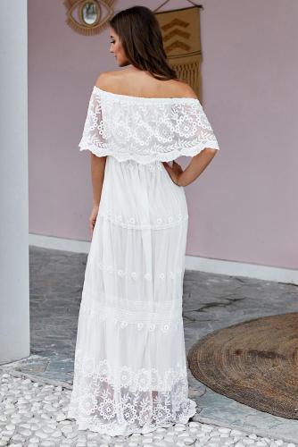 Beige Flower Child Off The Shoulder Lace Maxi Dress
