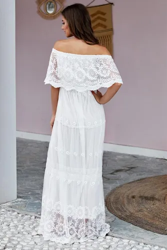 Beige Flower Child Off The Shoulder Lace Maxi Dress