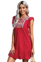 Red Boho Print Pompom Sleeve Shift Dress