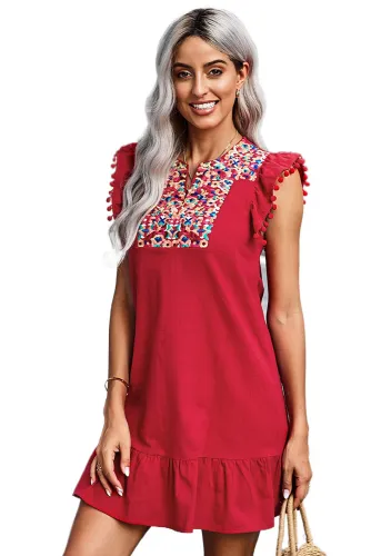Red Boho Print Pompom Sleeve Shift Dress
