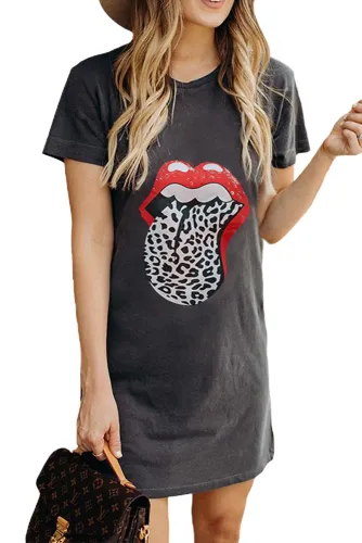 Gray Lip Print Summer Casual Tee Mini Dress