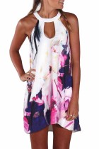 White Printed Hollow Out Halter Mini Dress
