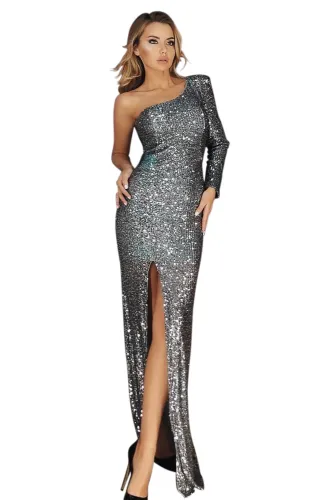 Silver Fortune One Shoulder Front Slit Sequin Gown