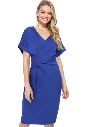 Blue V Neck Cutout Inverted Pleat Bodycon Dress
