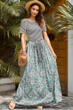 Green Floral Print Striped Belt Pockets Maxi Dress