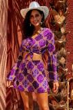 Purple Retro Bell Sleeve Front Knot 2 Pcs Dress