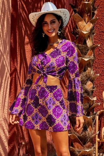 Purple Retro Bell Sleeve Front Knot 2 Pcs Dress