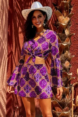 Purple Retro Bell Sleeve Front Knot 2 Pcs Dress