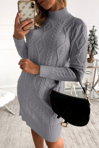 Gray High Neck Textured Bodycon Sweater Dress