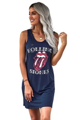 Blue Casual ROLLING STONES V Neck Cotton Dress
