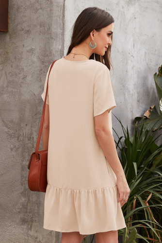 Beige Pocketed Buttoned Ruffle Dress