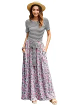 Pink Floral Print Striped Belt Pockets Maxi Dress