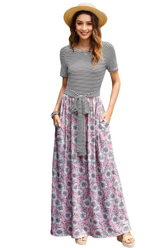 Pink Floral Print Striped Belt Pockets Maxi Dress