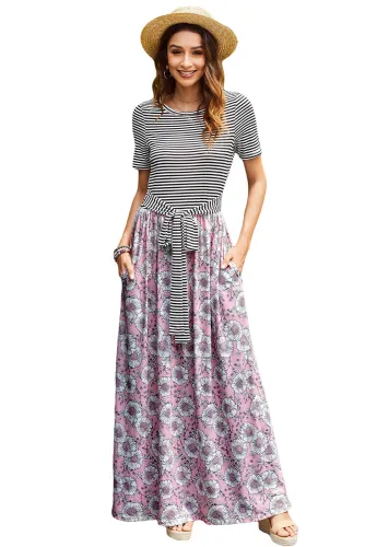 Pink Floral Print Striped Belt Pockets Maxi Dress