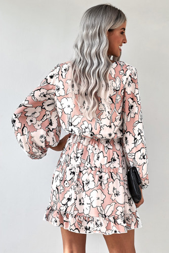 Apricot V Neck Lantern Sleeves Floral Tunic Dress