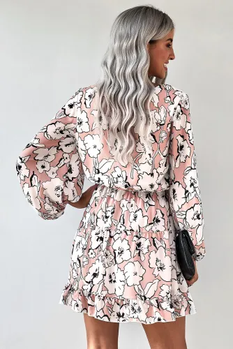 Apricot V Neck Lantern Sleeves Floral Tunic Dress