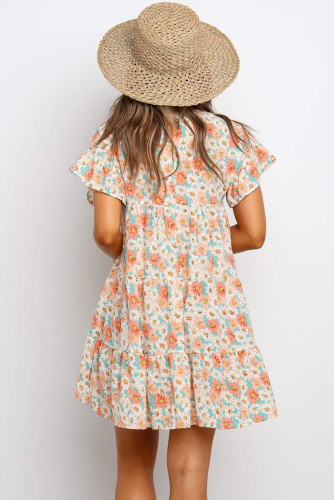 Pink Tiered Gathered Floral Print Short Dress