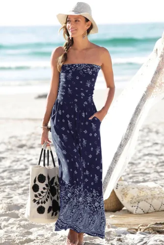 Blue Bohemian Bandeau Floral Print Maxi Dress