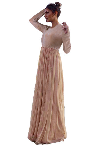 Long Sleeve Sequin Bodice Cocktail Wedding Party Maxi Dress