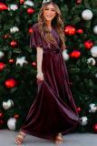 Wine Red Velvet Pleated Wrap Tie Waist Maxi Dress